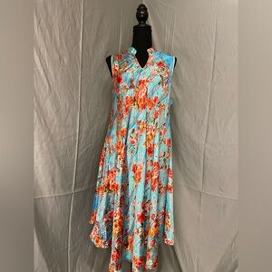 Pineapple Sleeveless Floral Maxi Dress in Aqua with Coral Blooms Silk Blend